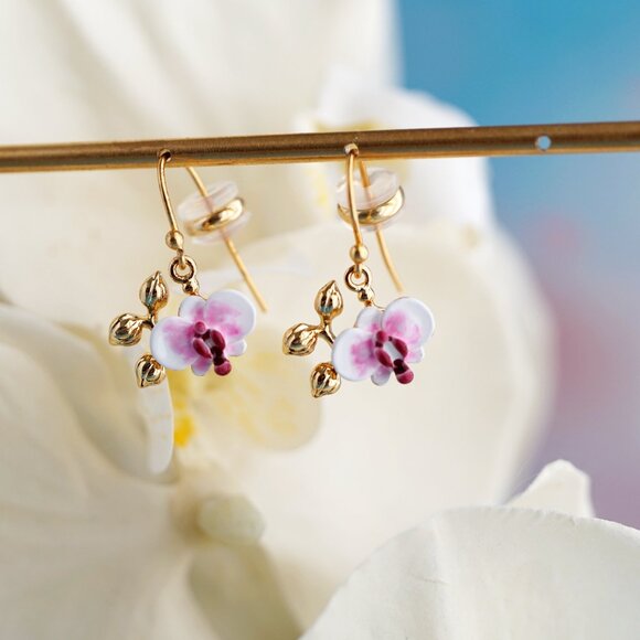 Pink orchid enamel earrings - Picture 8 of 9